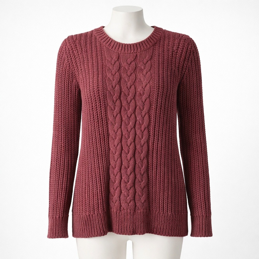 Fisherman Cable Knit Crewneck Sweater Maroon Size M Cottagecore Heritage Granola